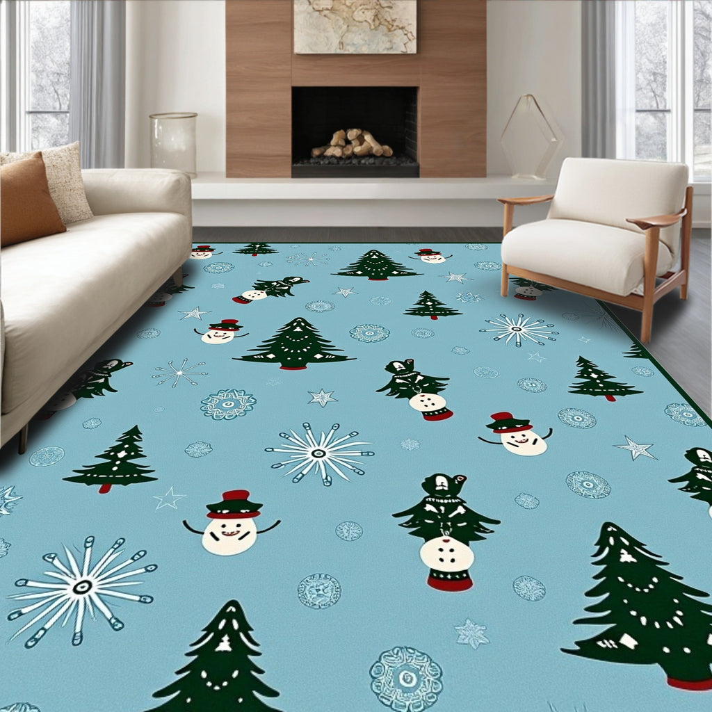 Festive Blue Snowman Tree Snowflake Rug