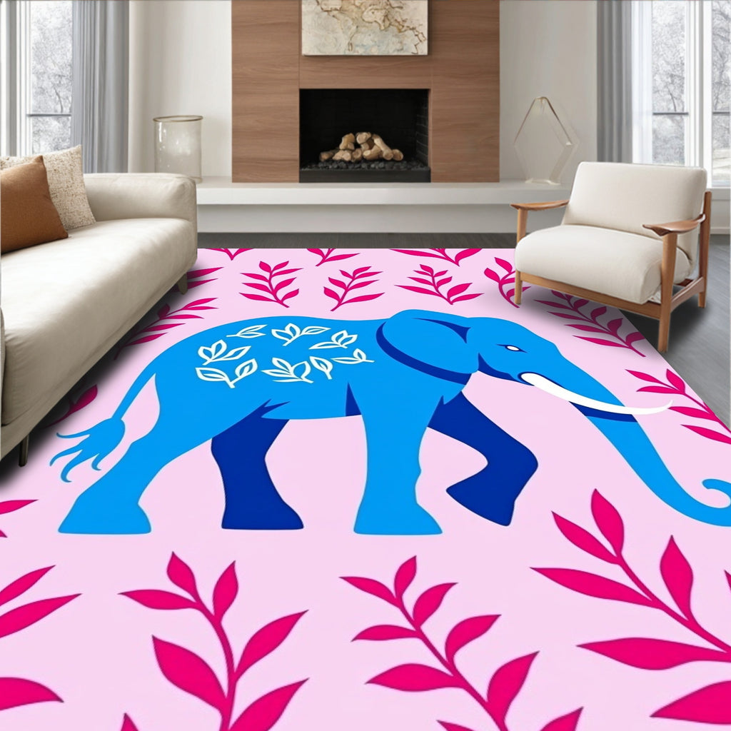 Vibrant blue elephant surrounded by foliage Rug