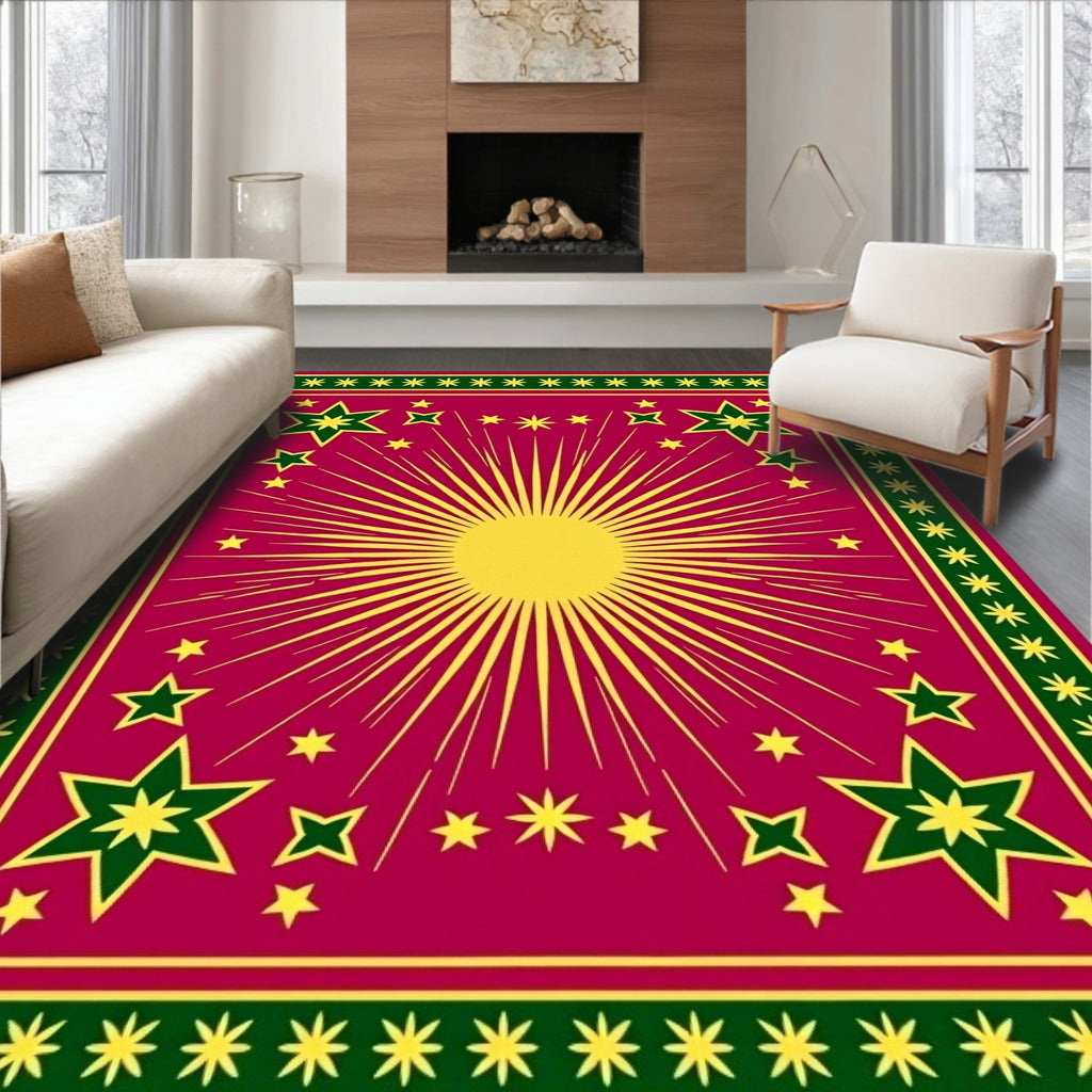 Crimson Sunburst Starburst Border Rug