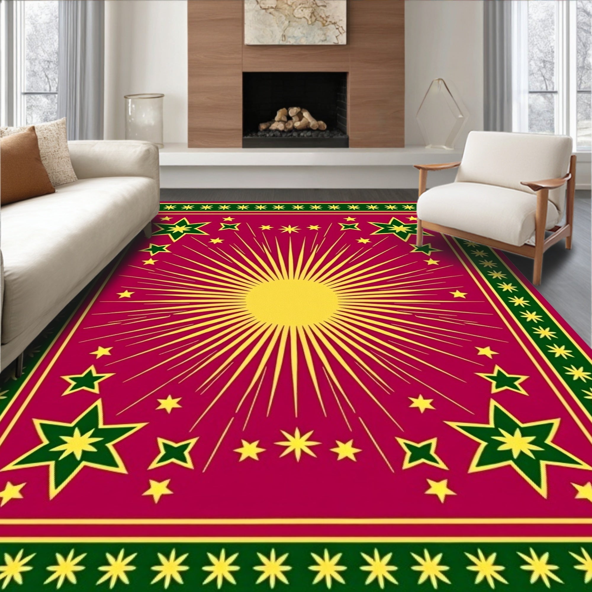 Crimson Sunburst Starburst Border Rug