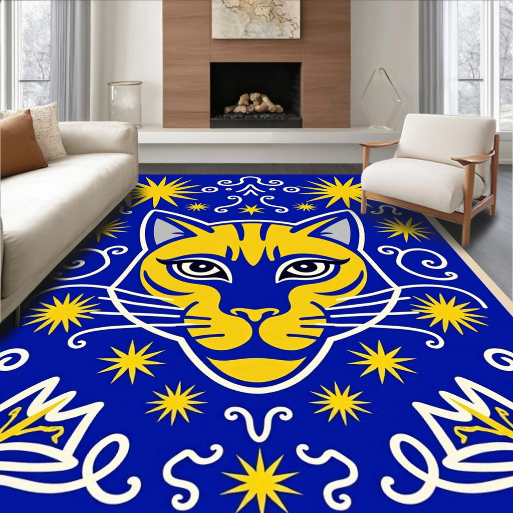 Bold Yellow Cat Cosmic Blue Rug