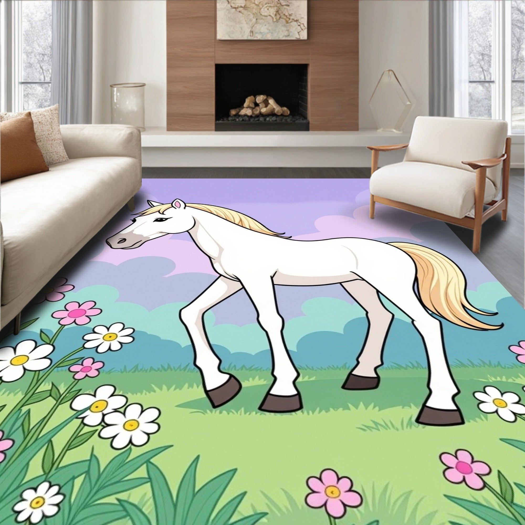 White Horse Amidst Pink Flowers Rug