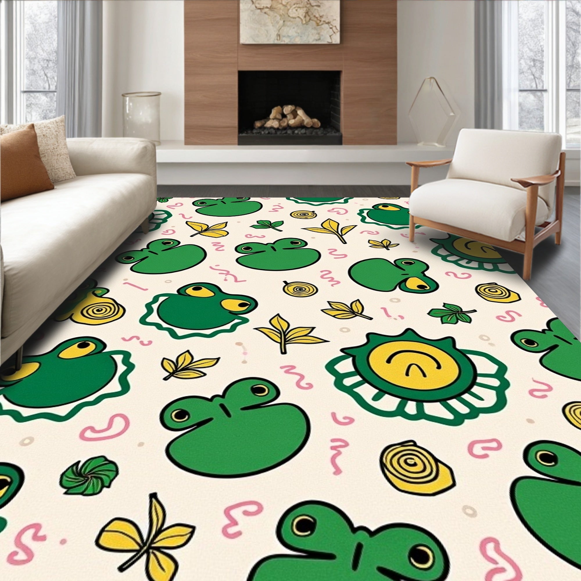 Whimsical Green Frog Pond Medley Rug
