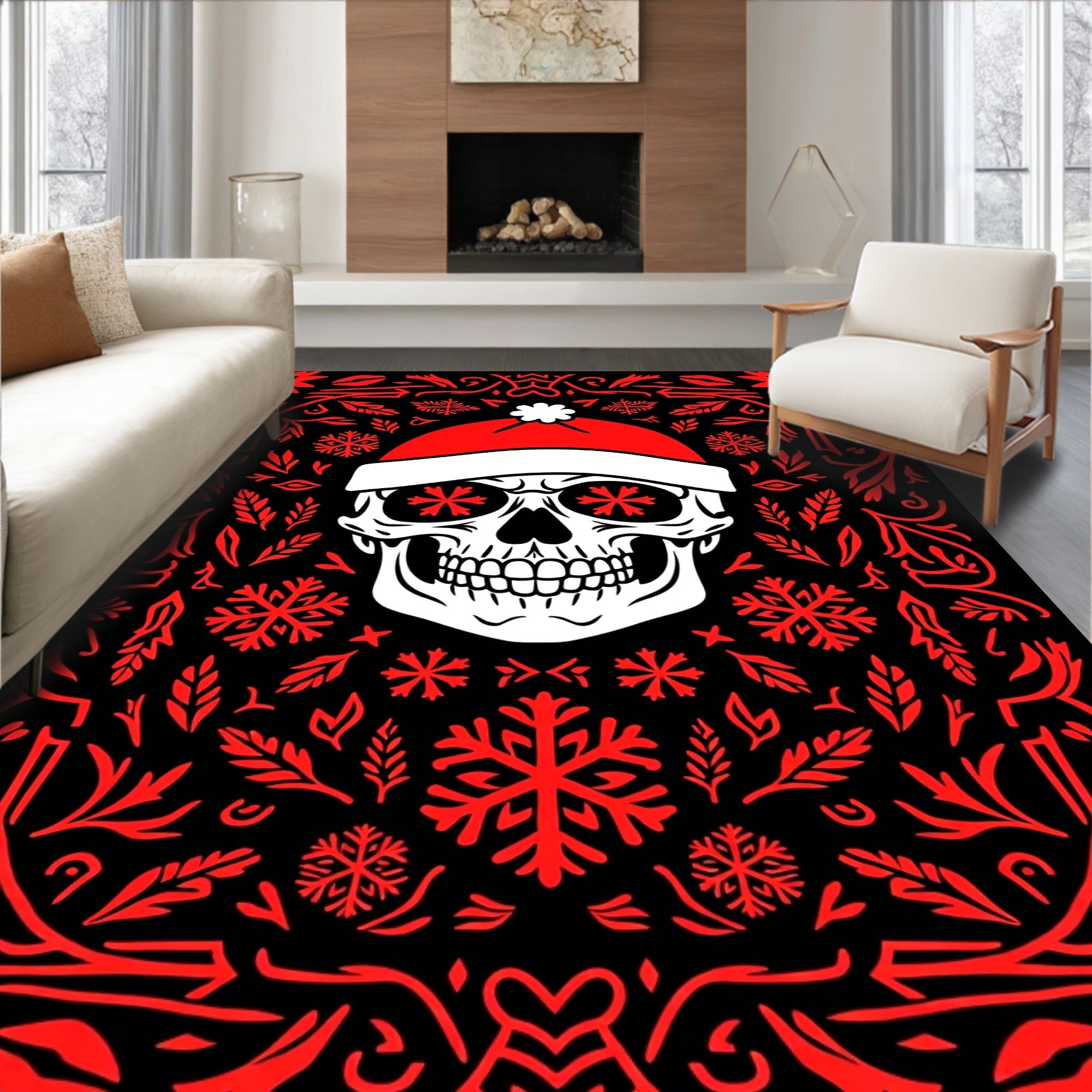 Red Snow Skull Festive Border Rug
