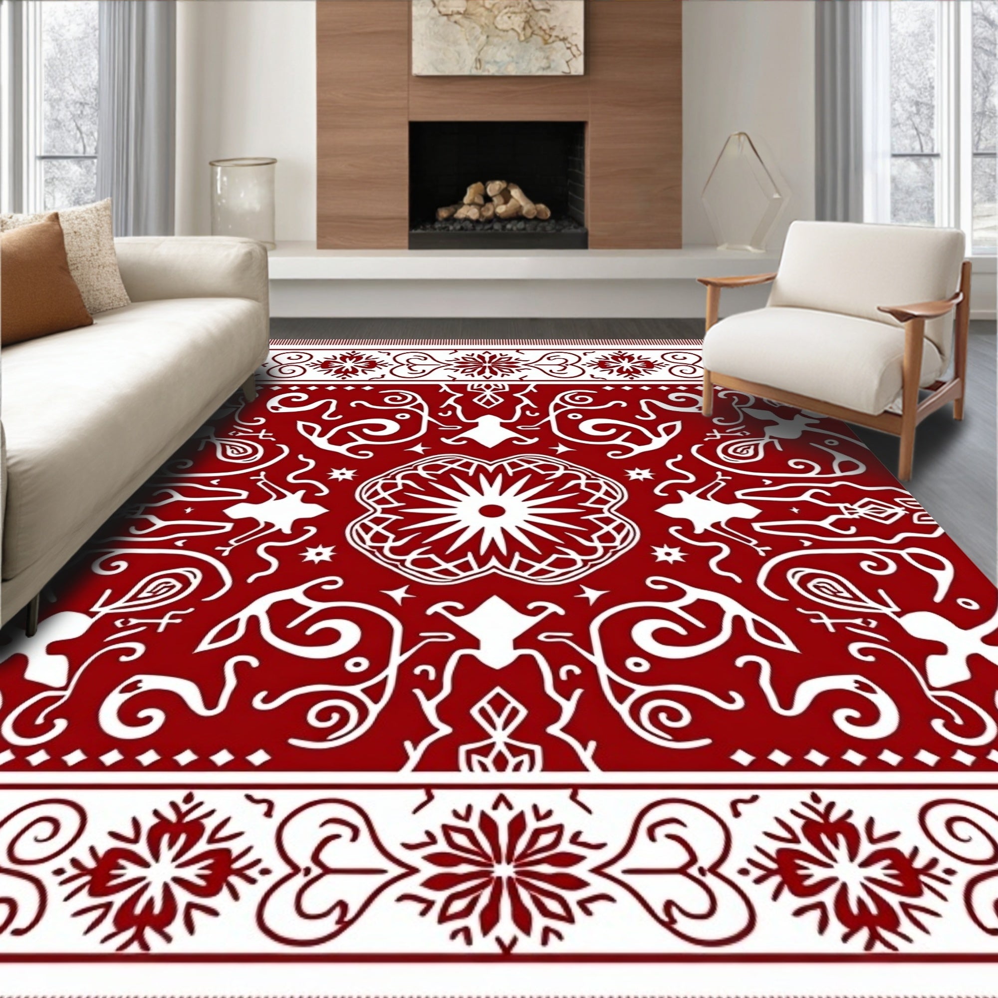Crimson White Folk Inspired Medallion Rug
