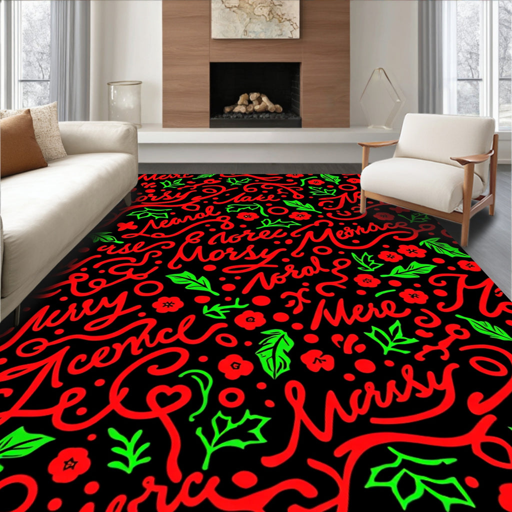 Christmas Red Green Script Floral Rug