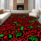 Christmas Red Green Script Floral Rug