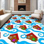 Brown Houses Blue Waves Repeat Rug