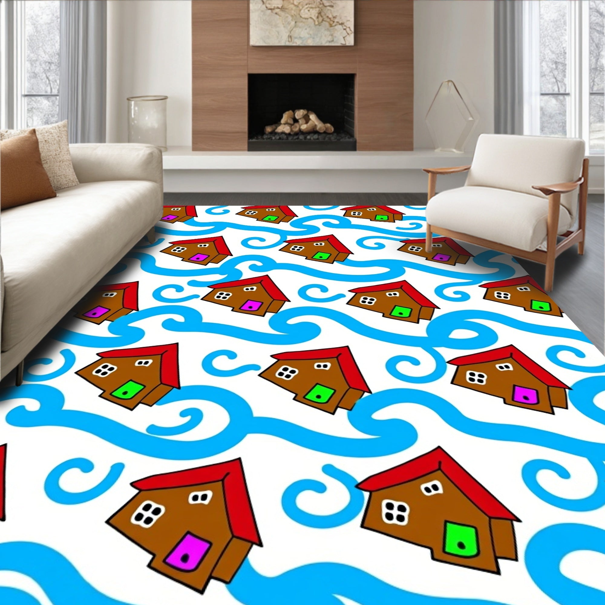 Brown Houses Blue Waves Repeat Rug
