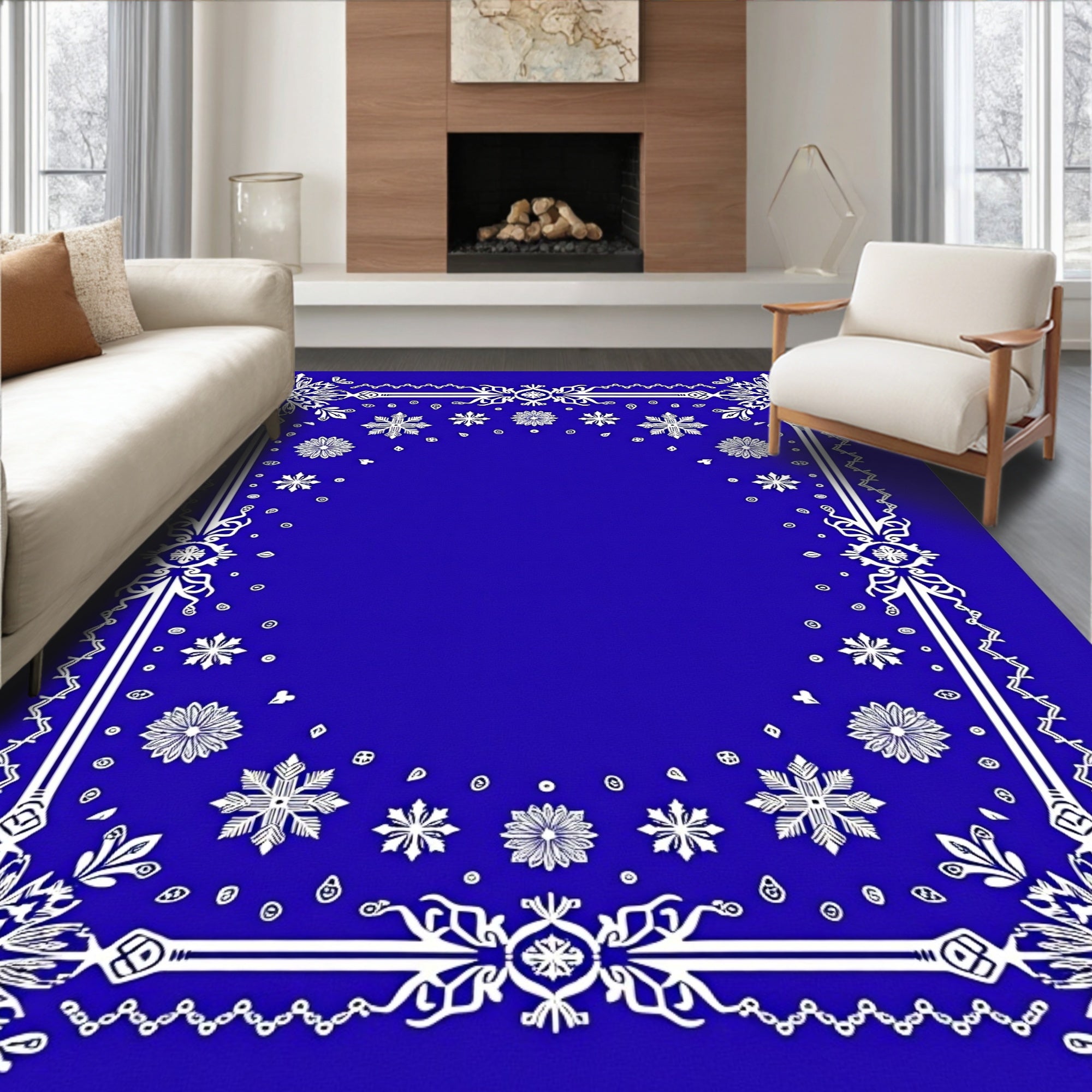Royal Blue Snowflakes Medallion Frame Rug