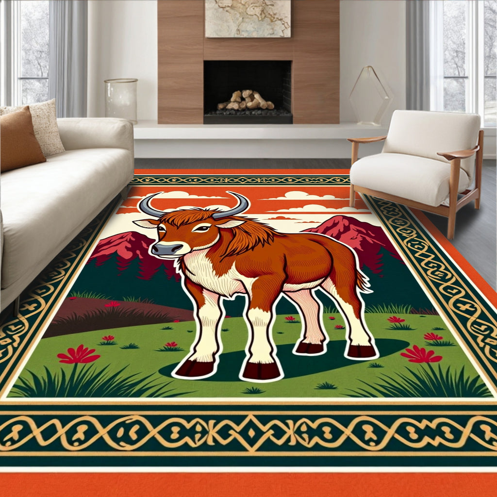 Brave Bull Rustic Landscape Art Rug