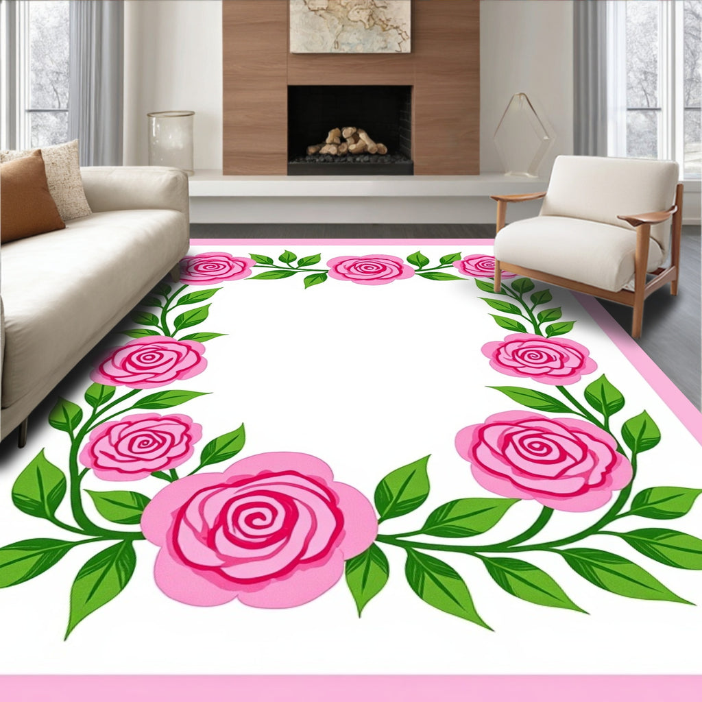 Pink Floral Vine Border Rug