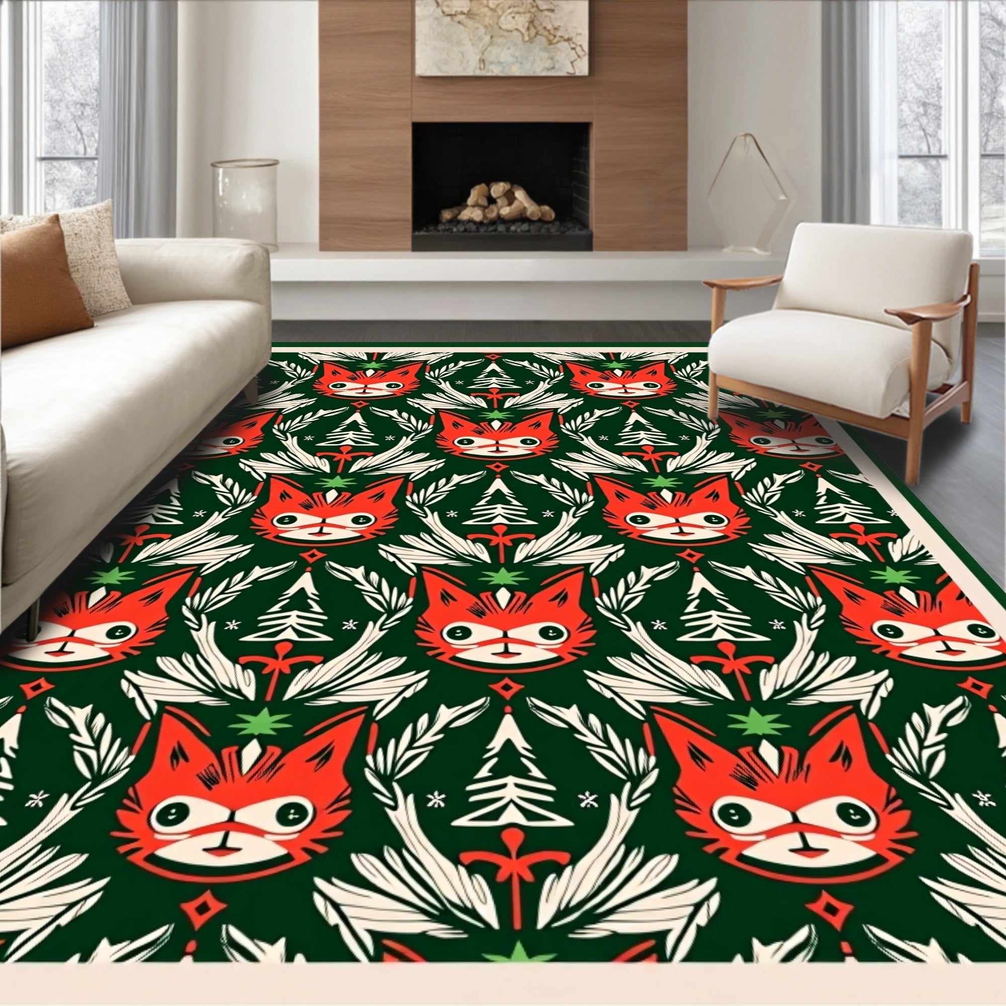 Whimsical Red Fox Christmas Trees Rug