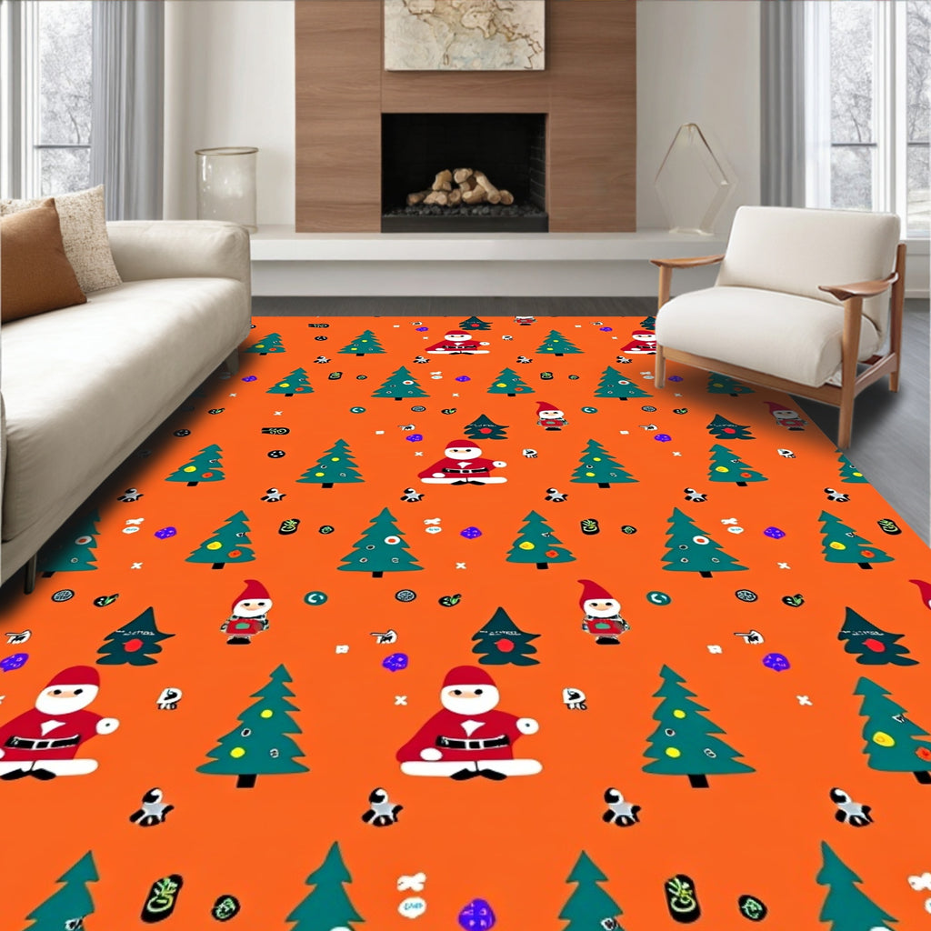 Christmas Trees Santas Gnomes Orange Background Rug