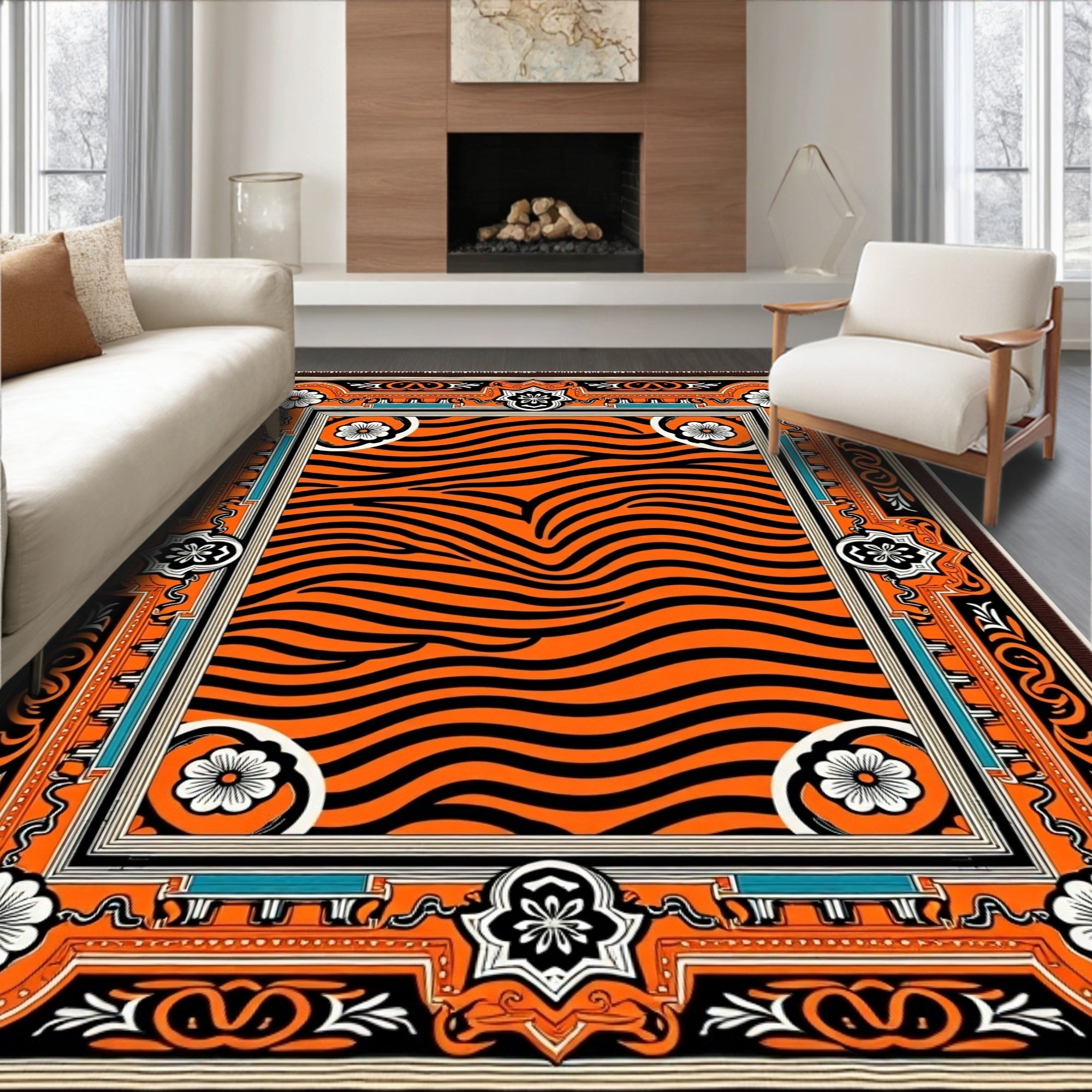 Bold Orange Black Tiger Stripe Rug