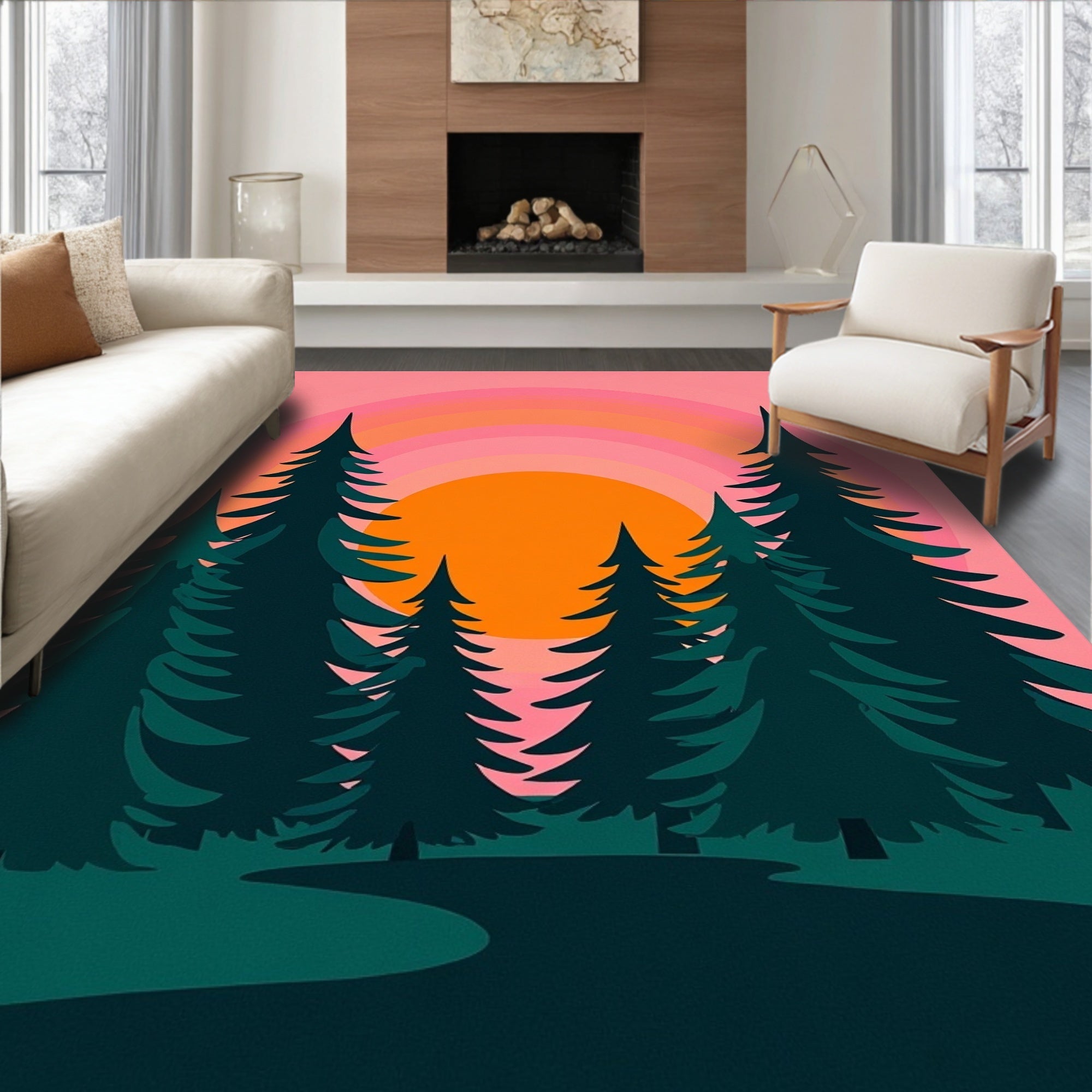 Pink Sunset Forest Landscape Rug