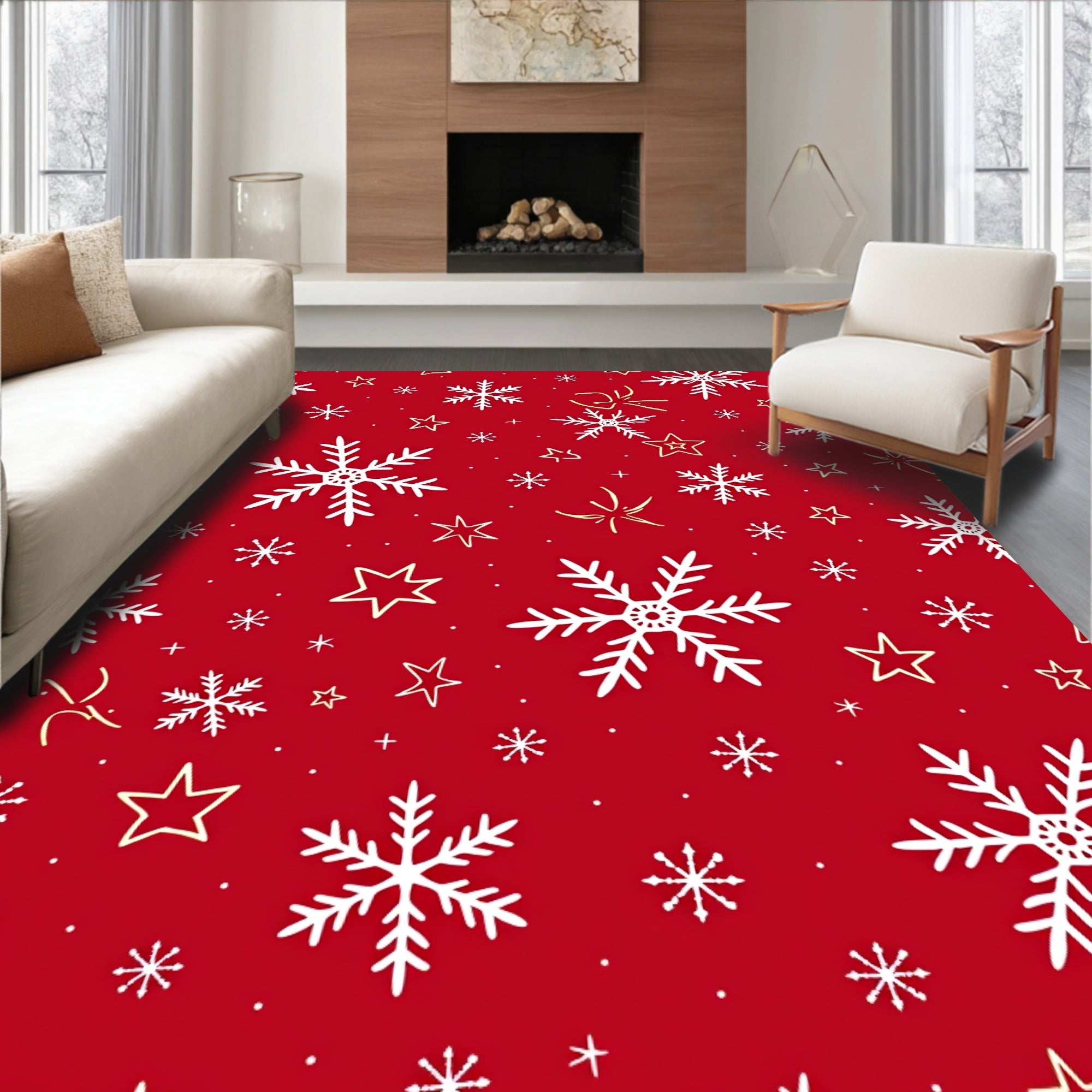 Red Winter Snowflake Star Accents Rug