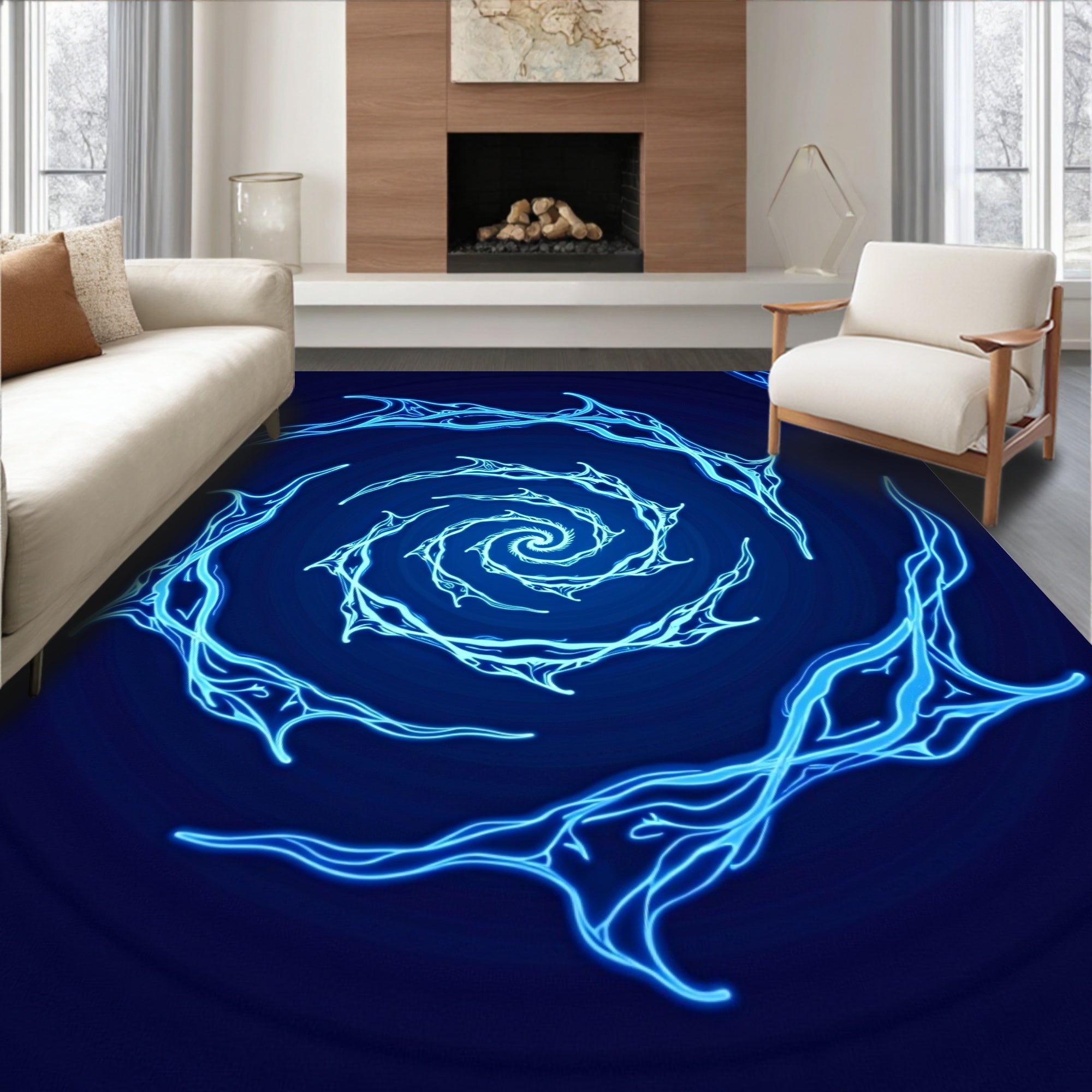 Electric Blue Swirling Neon Vortex Rug