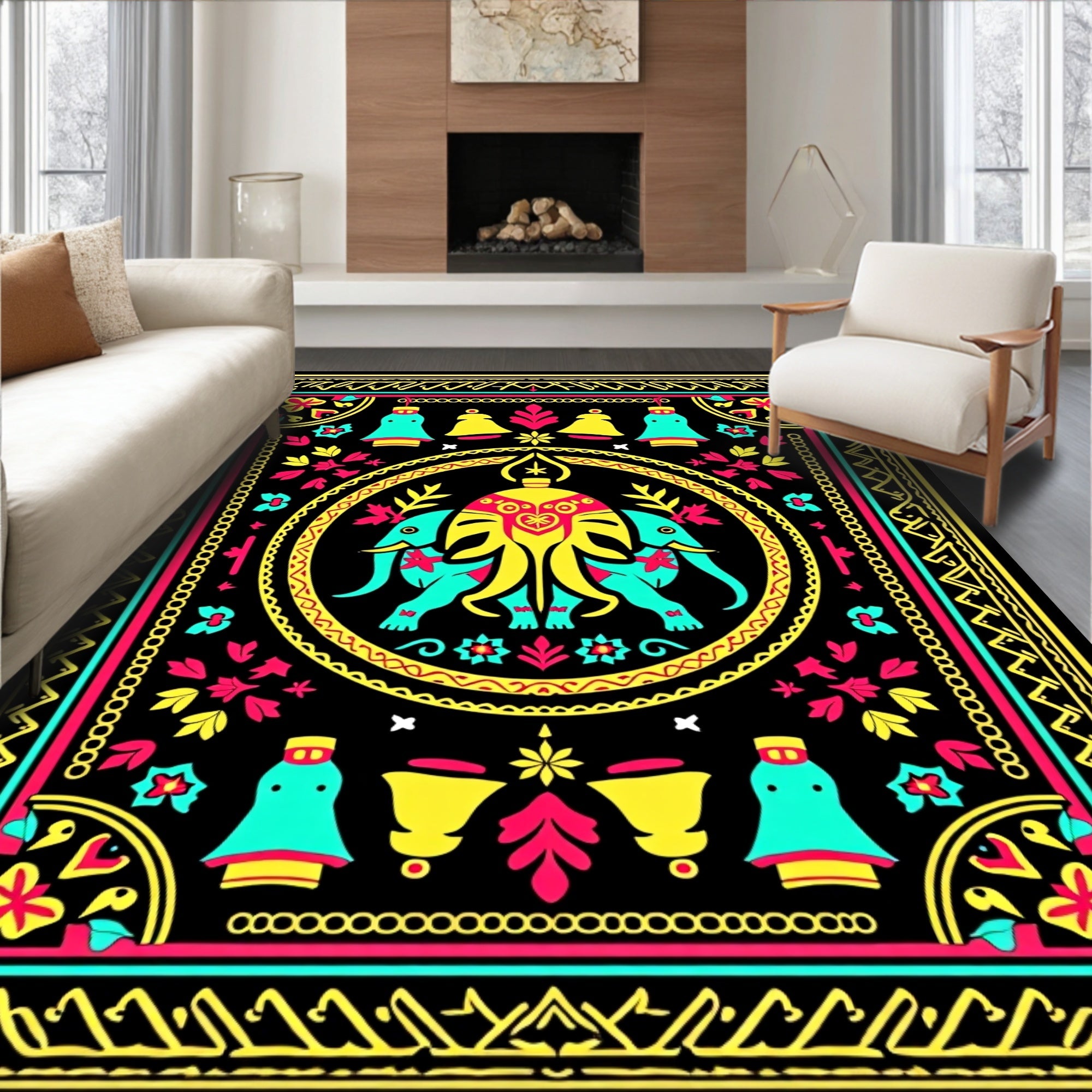 Vibrant Teal Yellow Elephant Medallion Rug