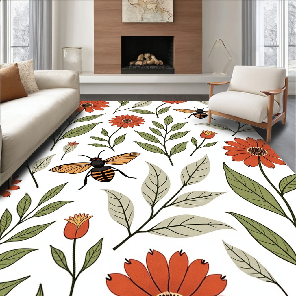 Earthy Orange Floral Bee Botanical Rug