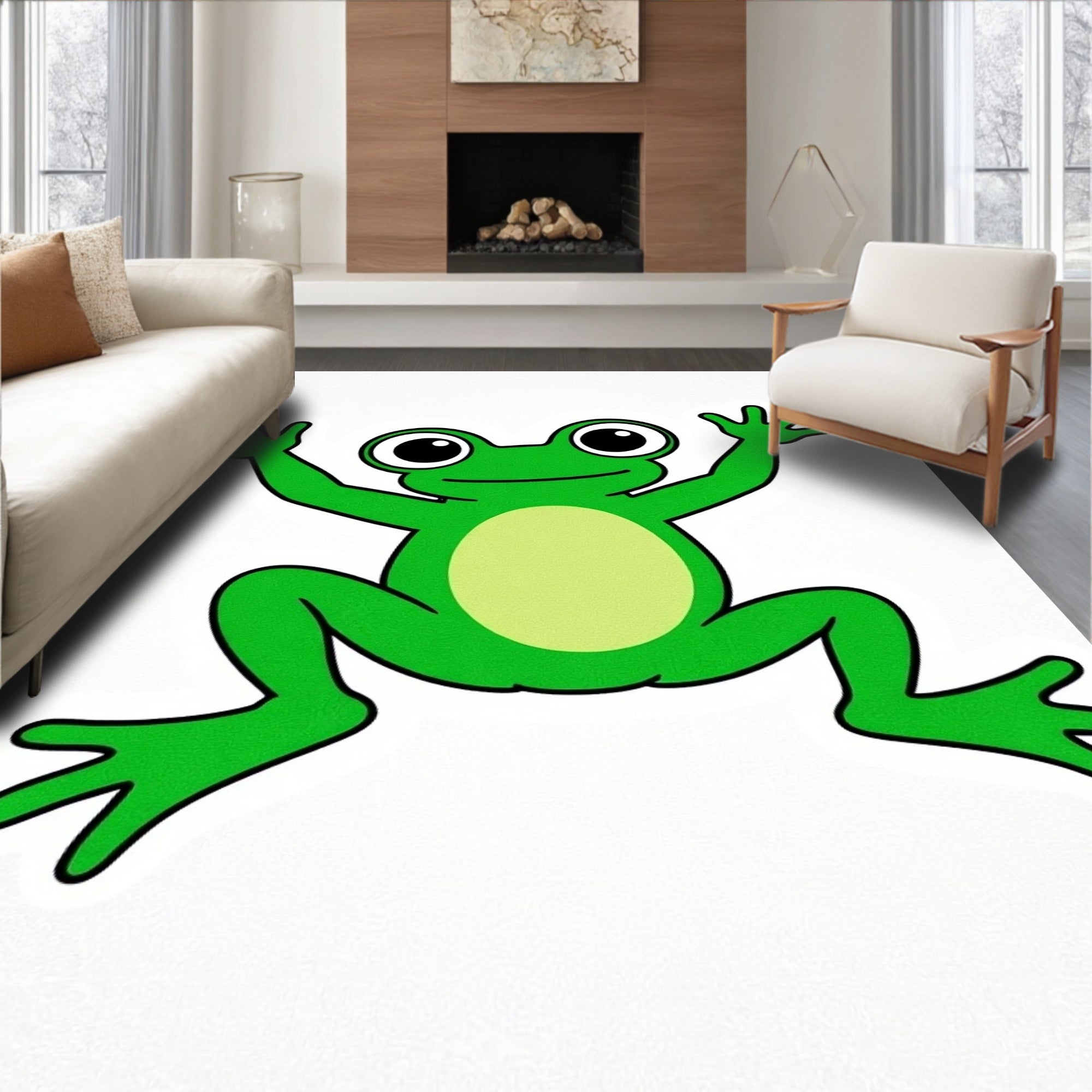 Happy Green Frog Jumping Cartoon Rug