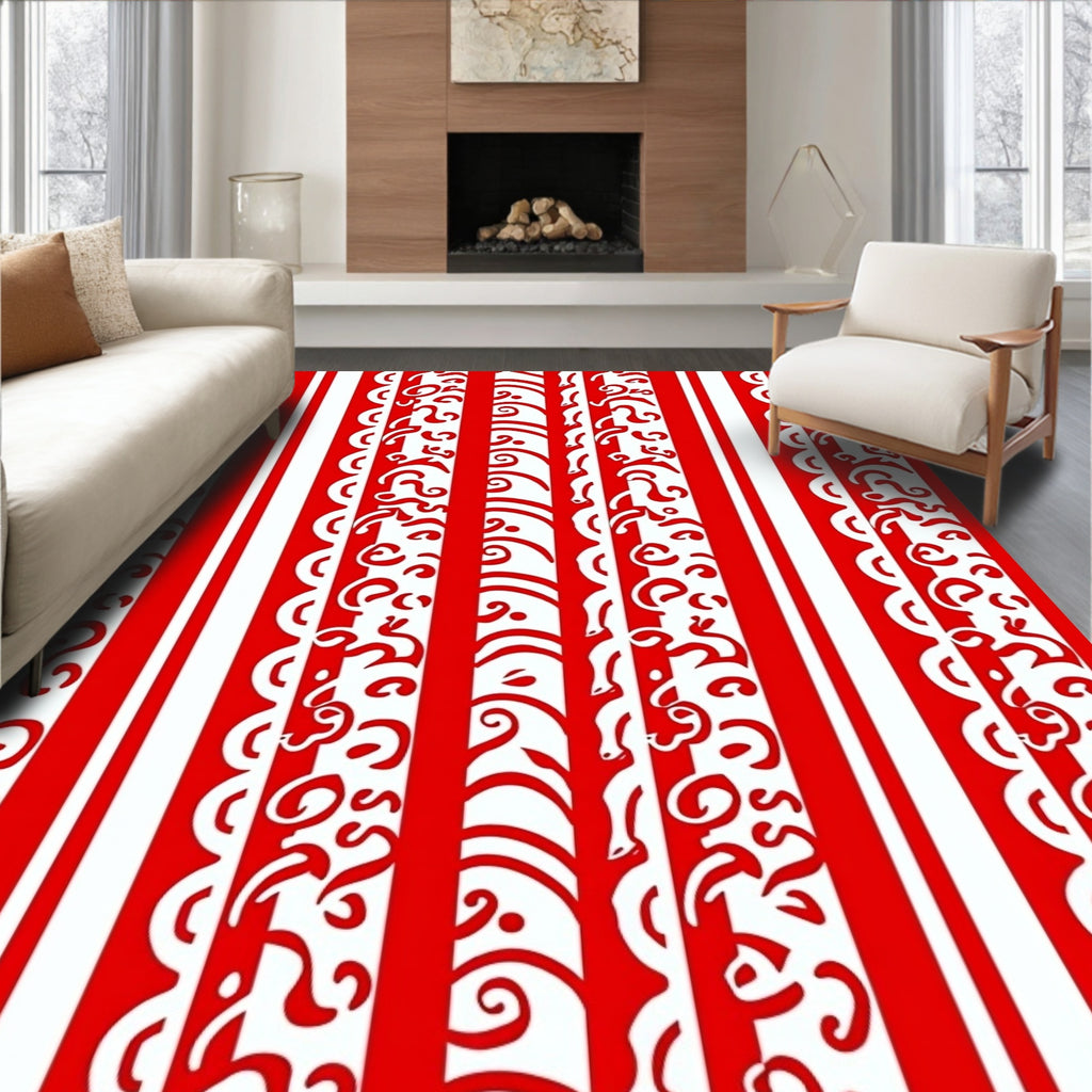 Bold Red White Vertical Stripe Curlicue Rug