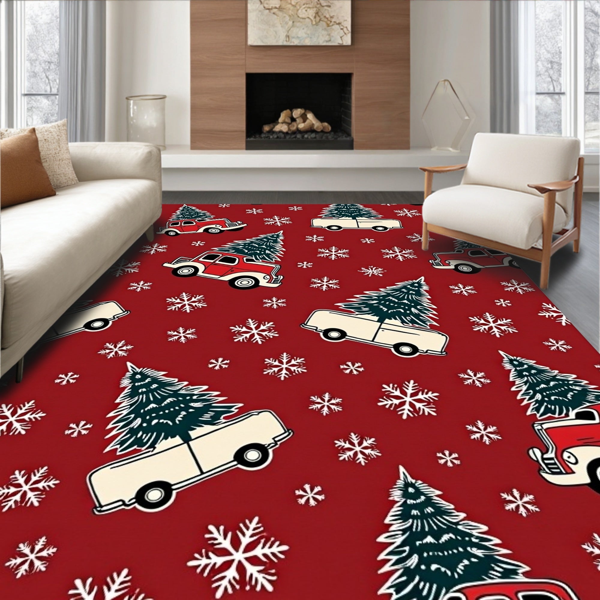 Vintage Red Truck Christmas Tree Snowflakes Rug