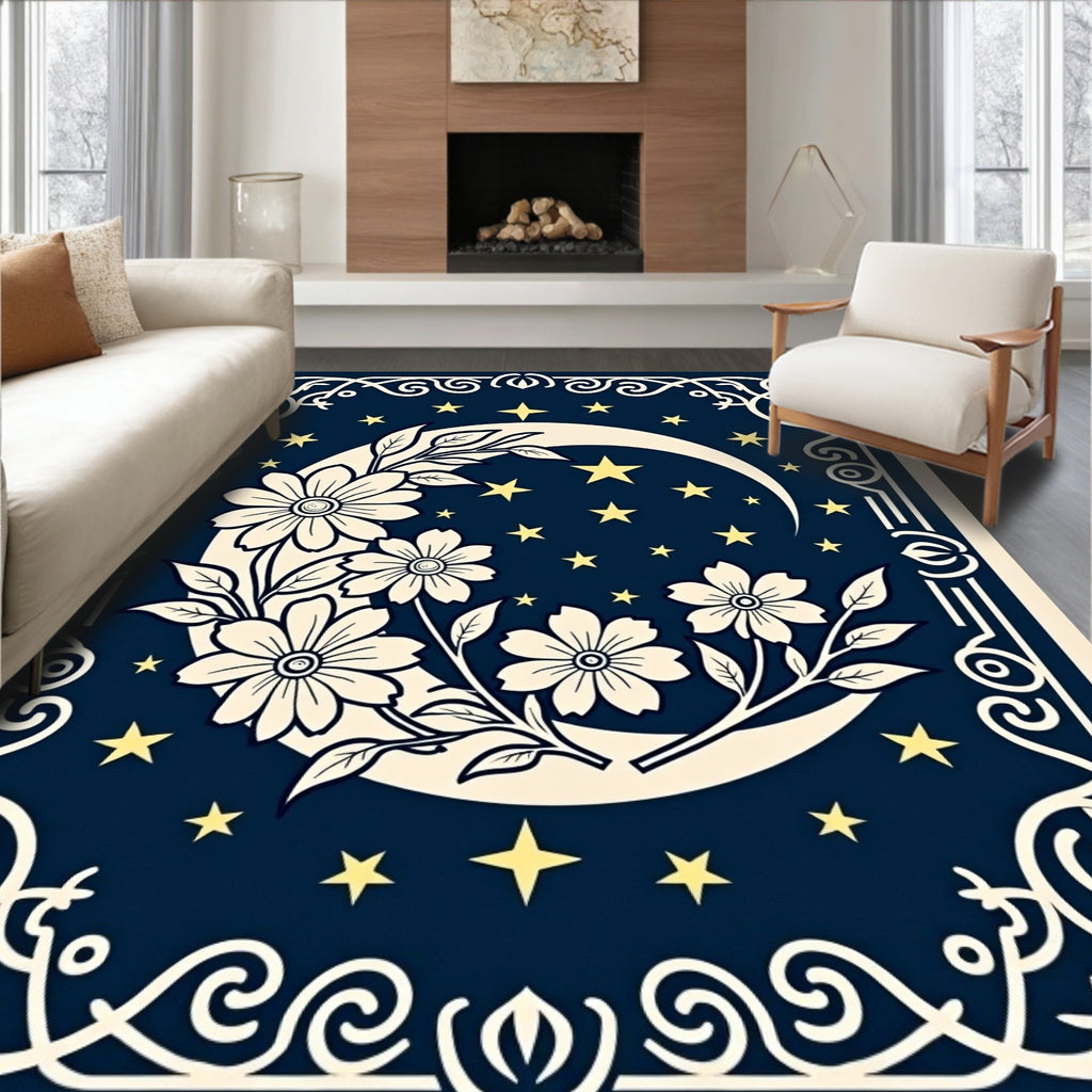 Celestial Floral Moon Night Sky Rug