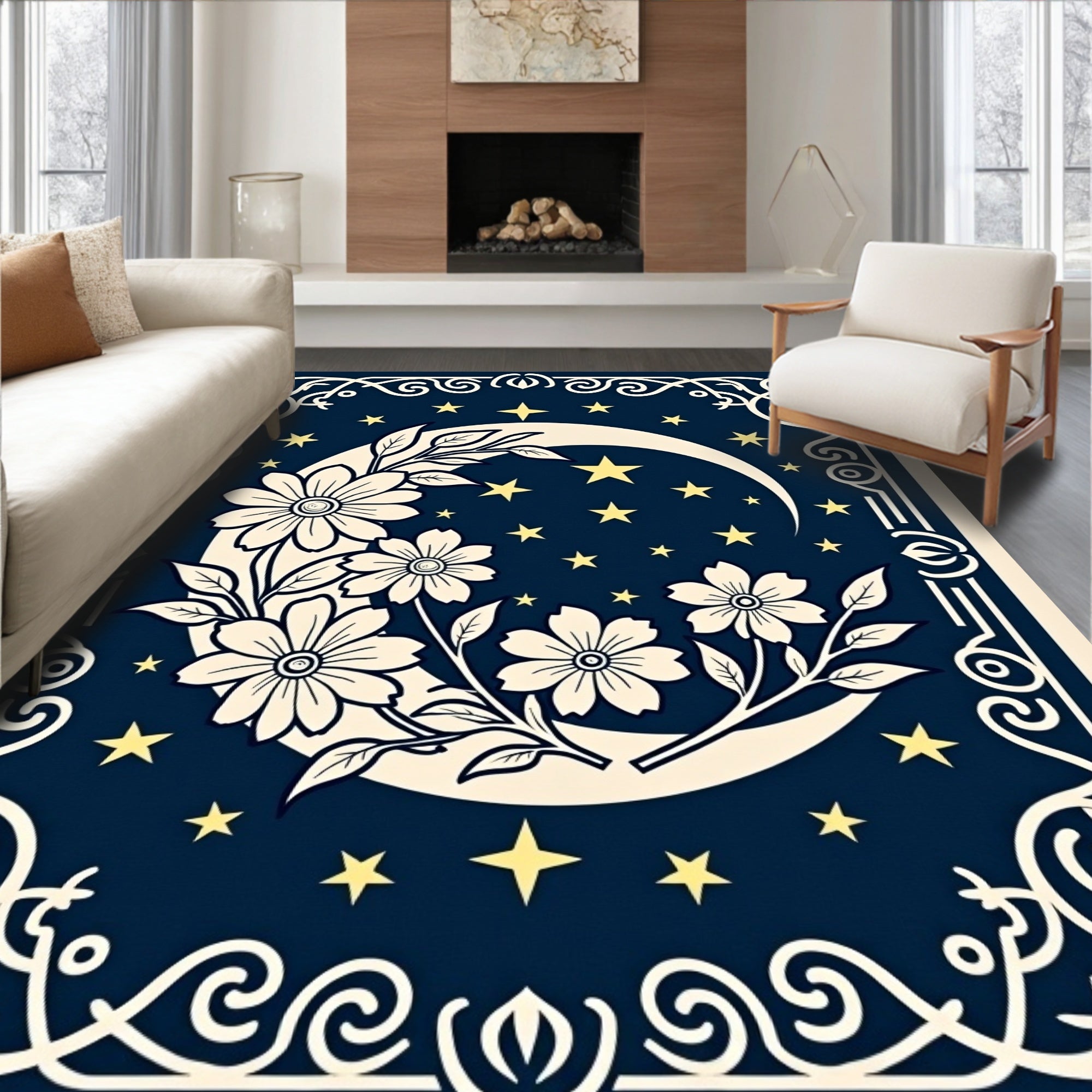 Celestial Floral Moon Night Sky Rug