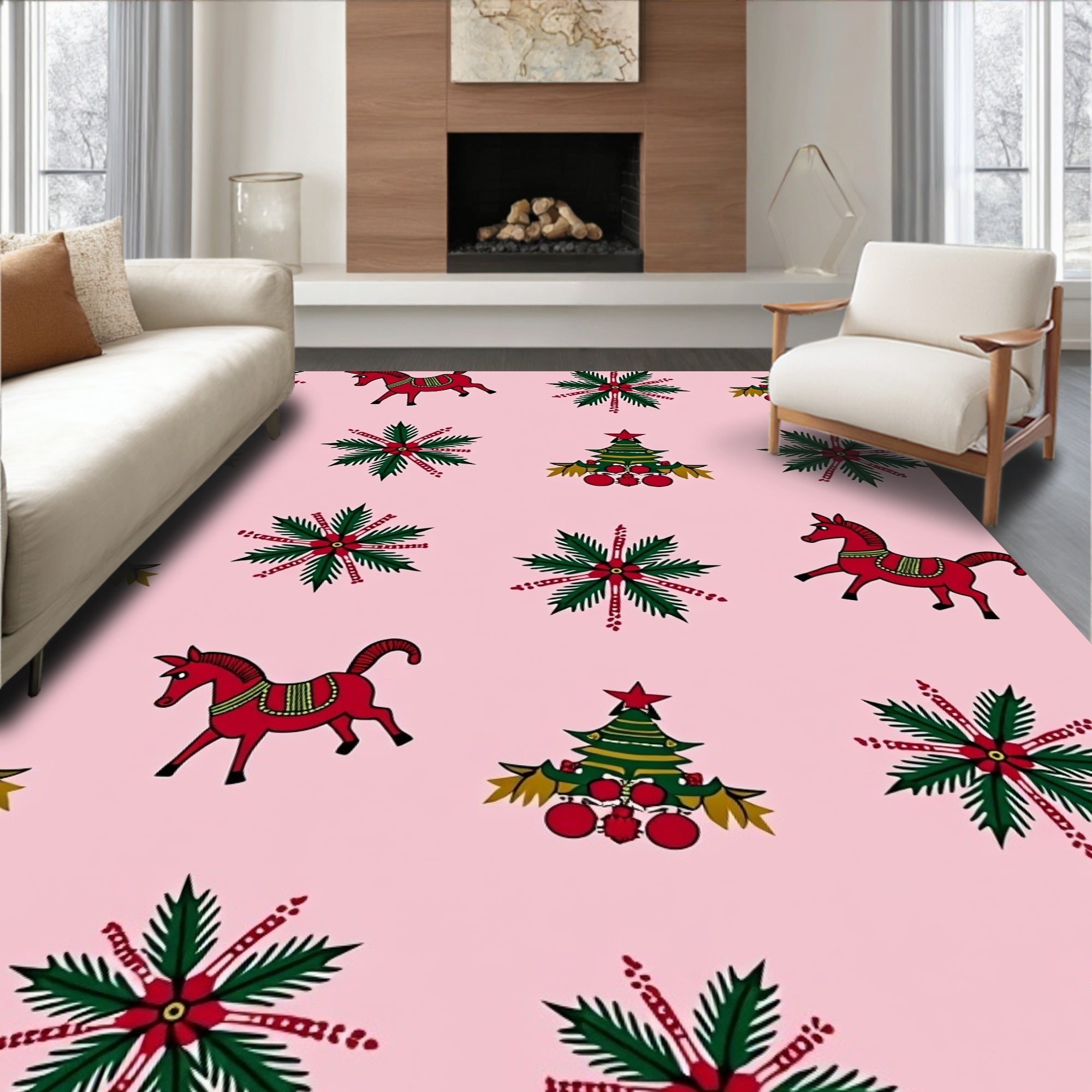 Pink Christmas Horses and Trees Rug