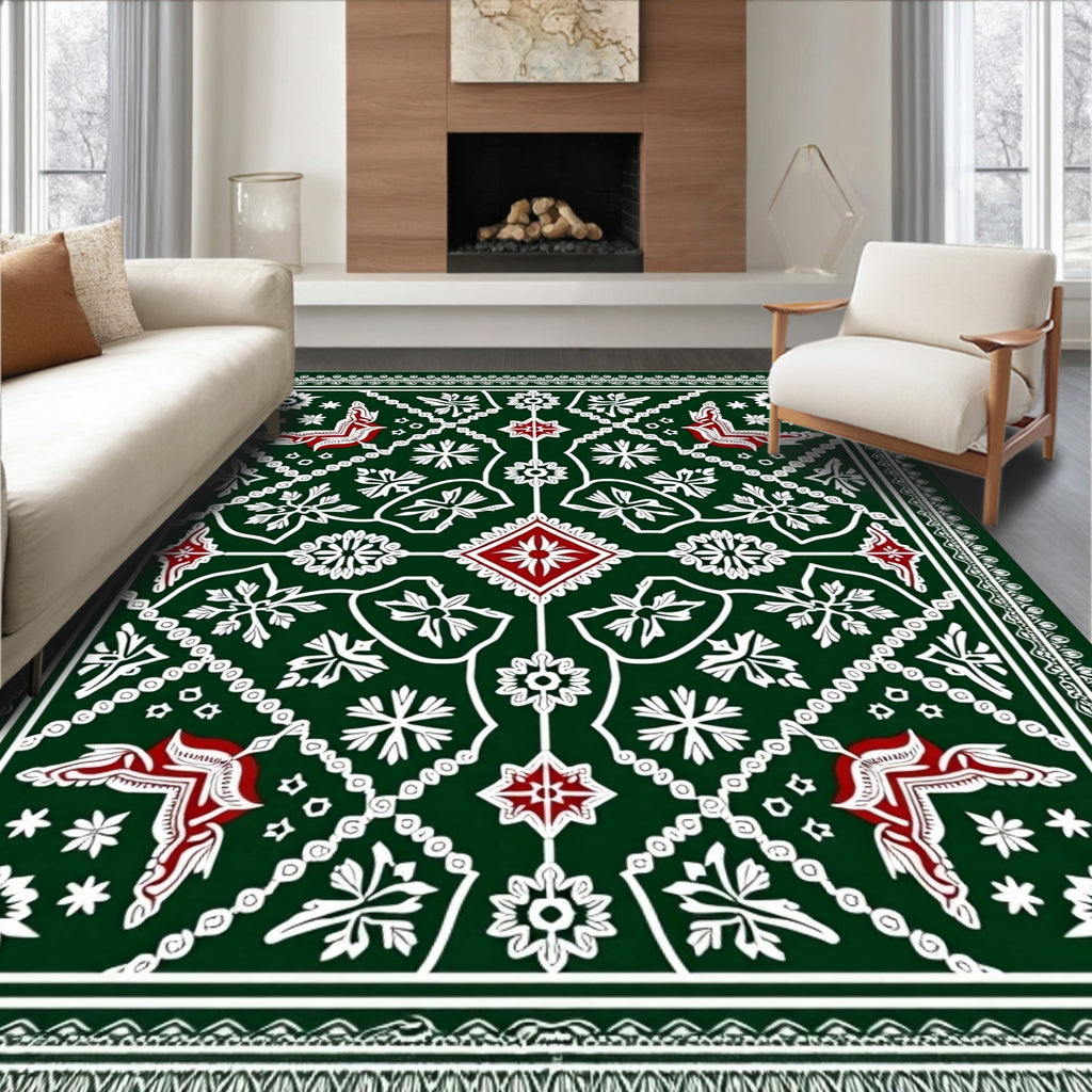 Deep Forest Green Red Medallion Rug