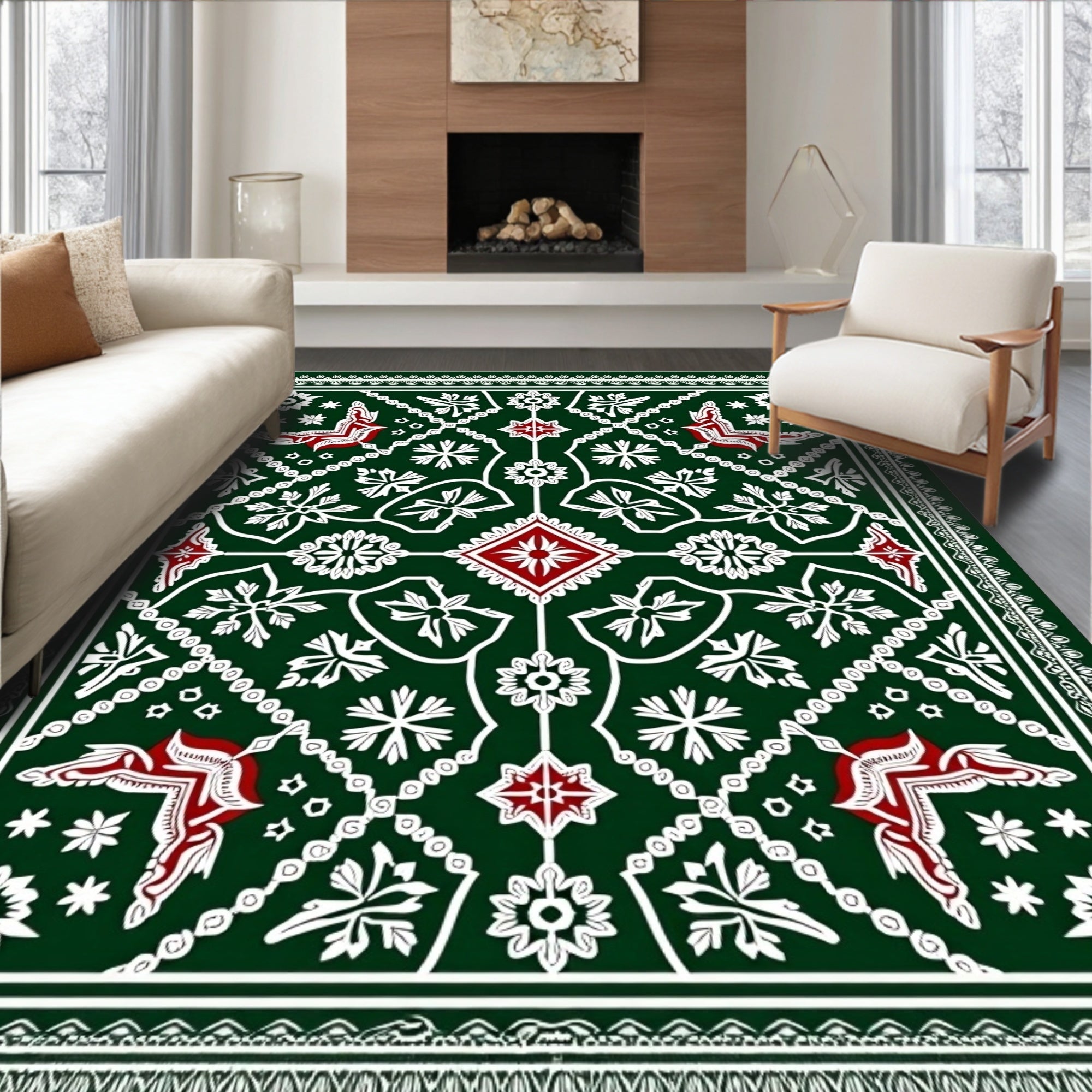 Deep Forest Green Red Medallion Rug