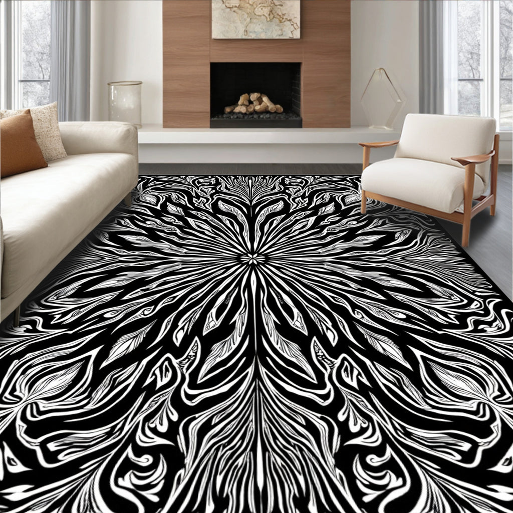 Monochromatic Black White Floral Rays Rug