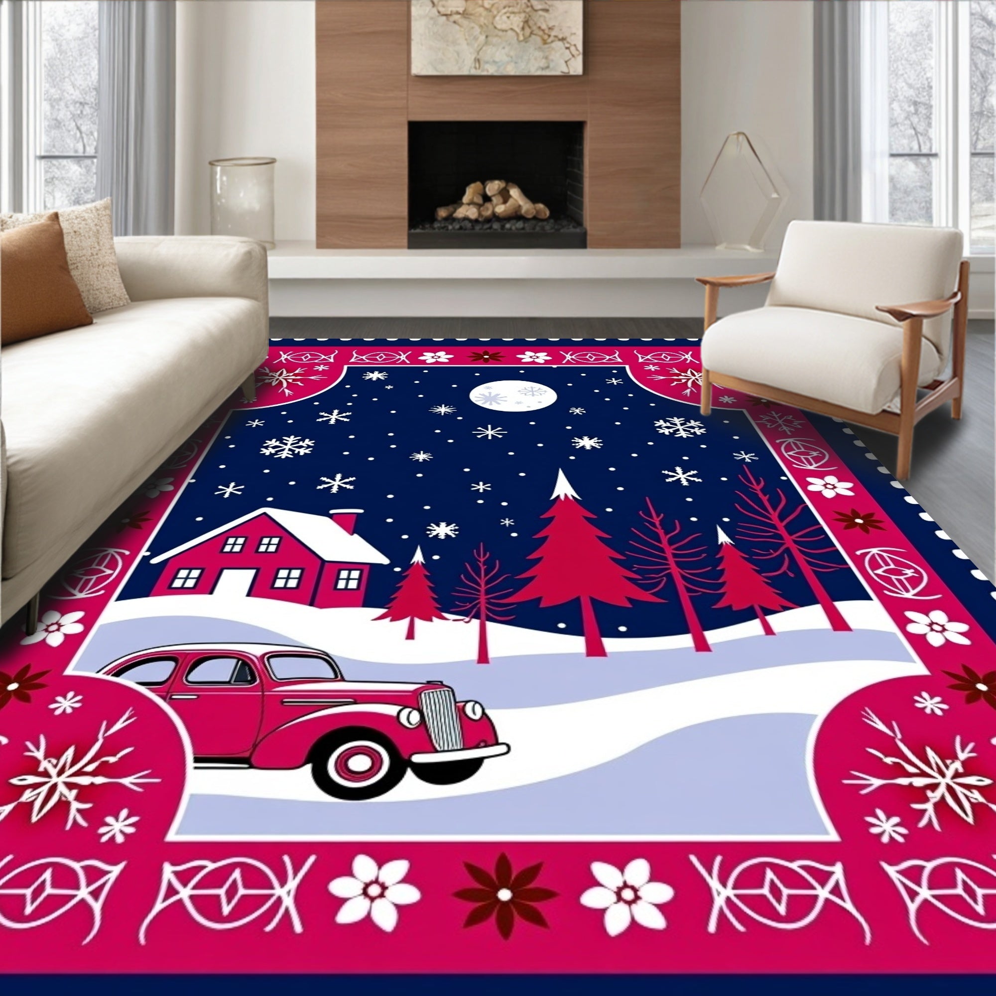 Vintage Red Car Snowscape Night Rug