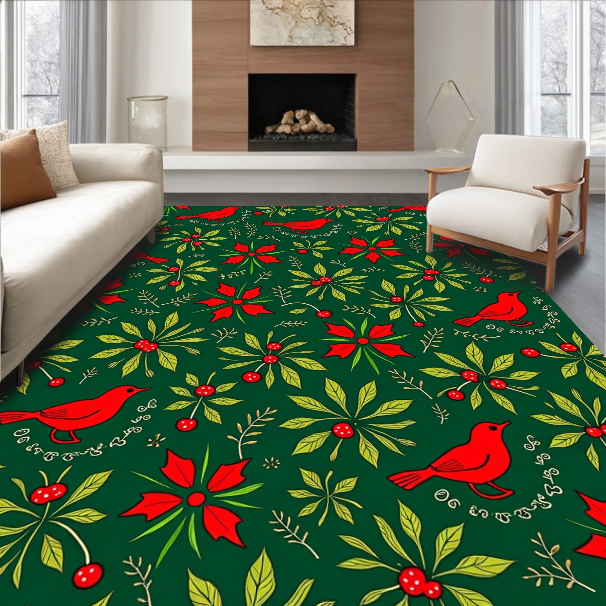 Red Birds Green Holly Poinsettia Rug