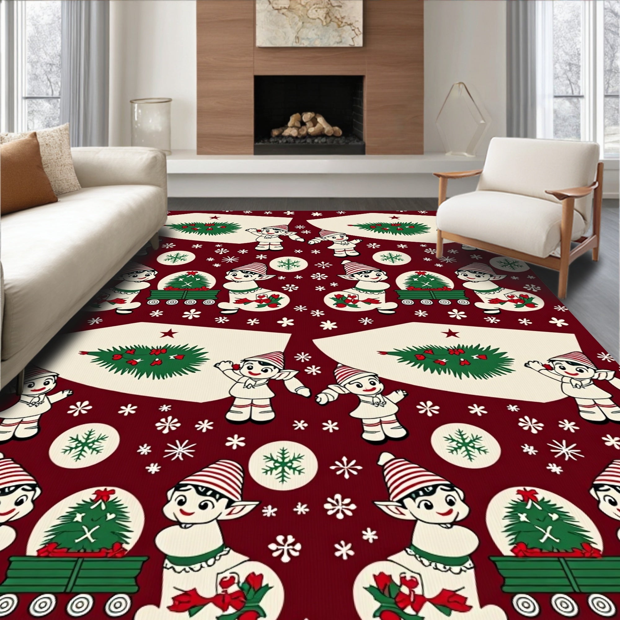 Christmas Elves Tree Snowflake Motley Rug