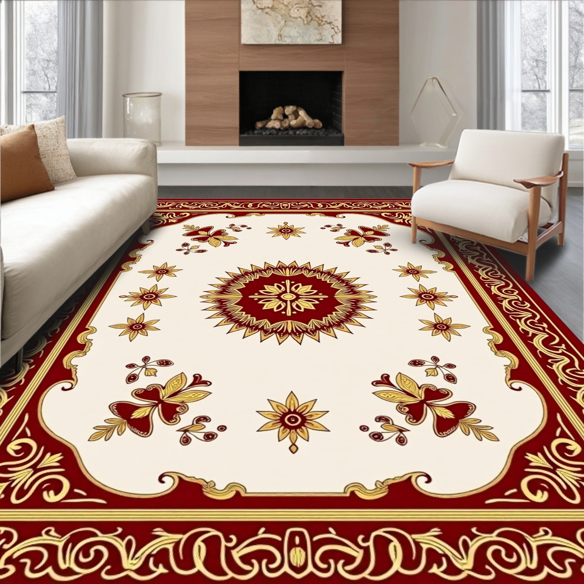 Deep Red Golden Floral Medallion Rug