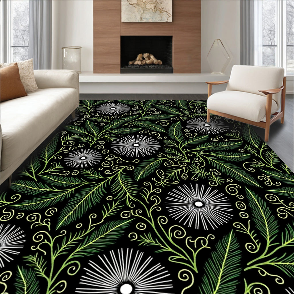 Black Green Leafy Bloom Swirl Rug