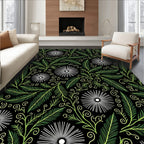 Black Green Leafy Bloom Swirl Rug