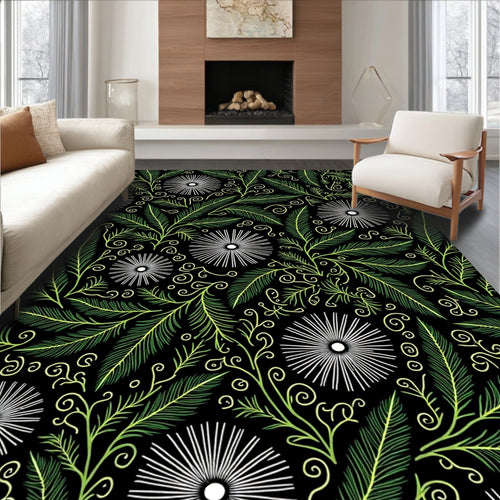 Black Green Leafy Bloom Swirl Rug
