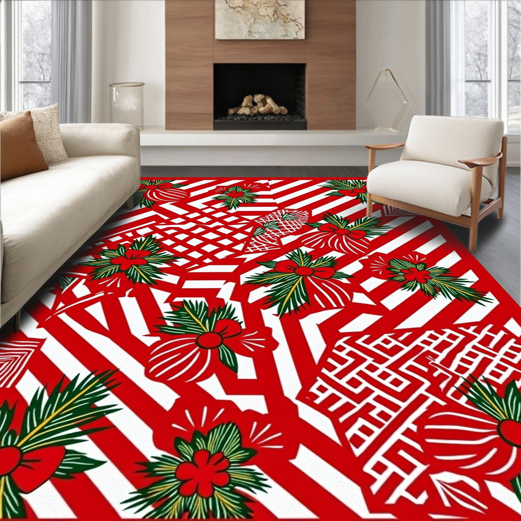 Red White Striped Festive Floral Collage Rug