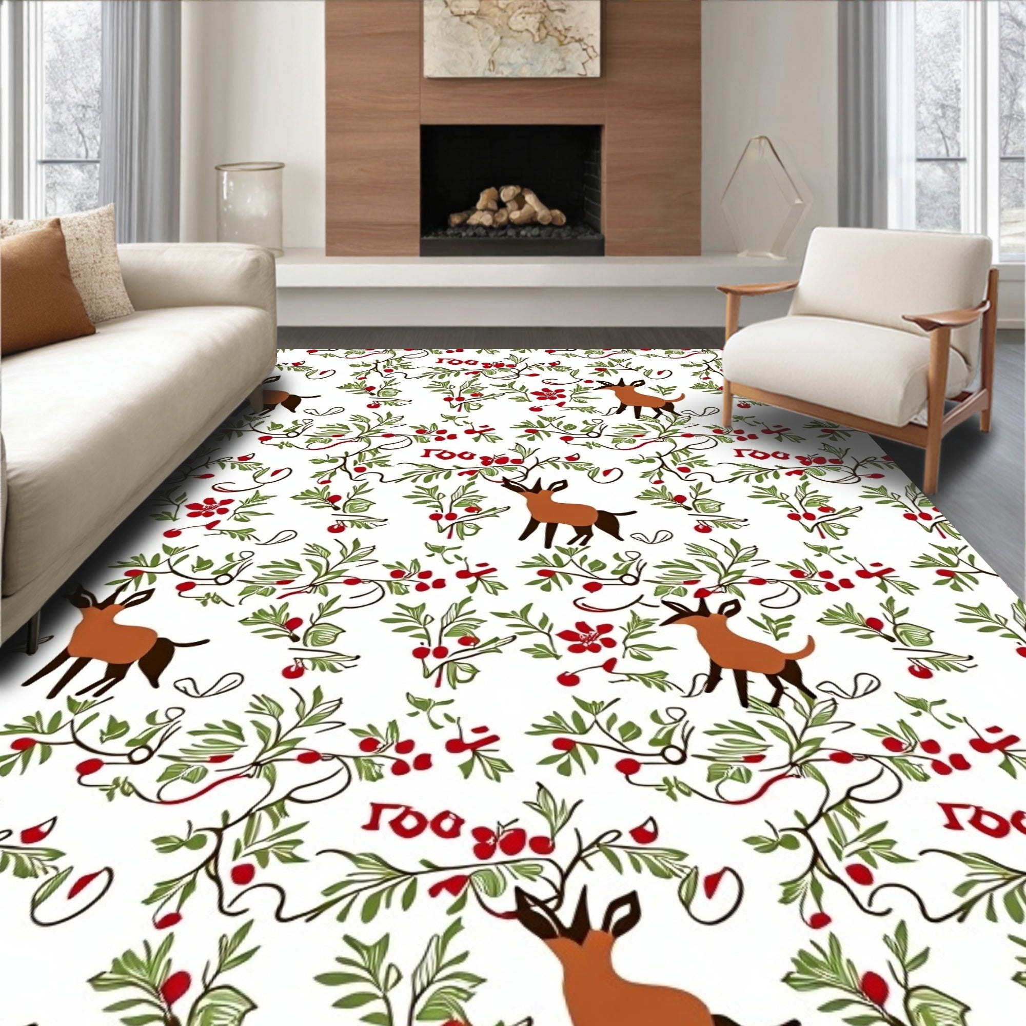 Whimsical Deer and Berry Garland Rug
