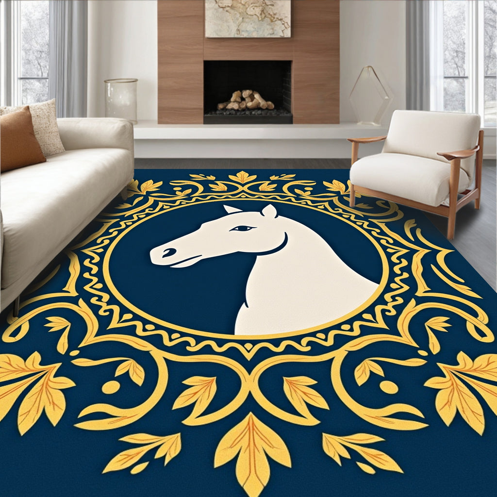 White Horse in Golden Crest Frame Rug