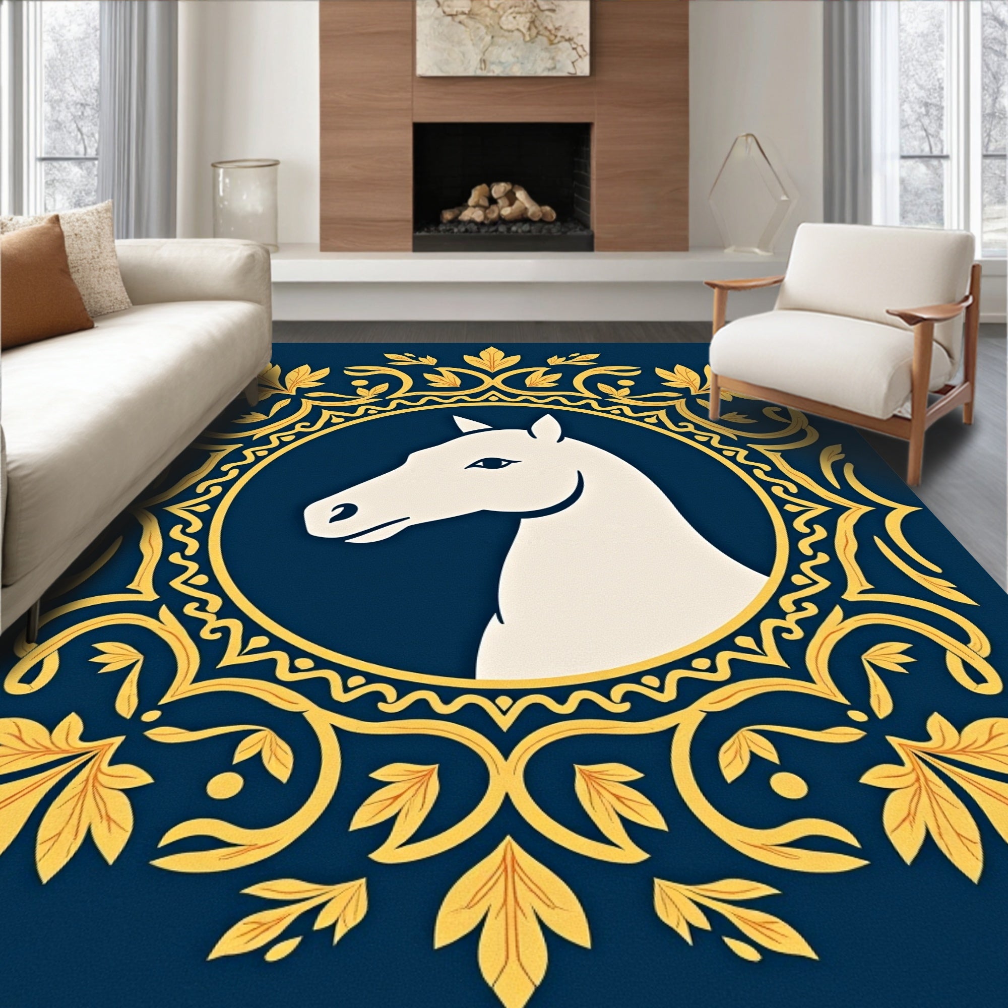 White Horse in Golden Crest Frame Rug