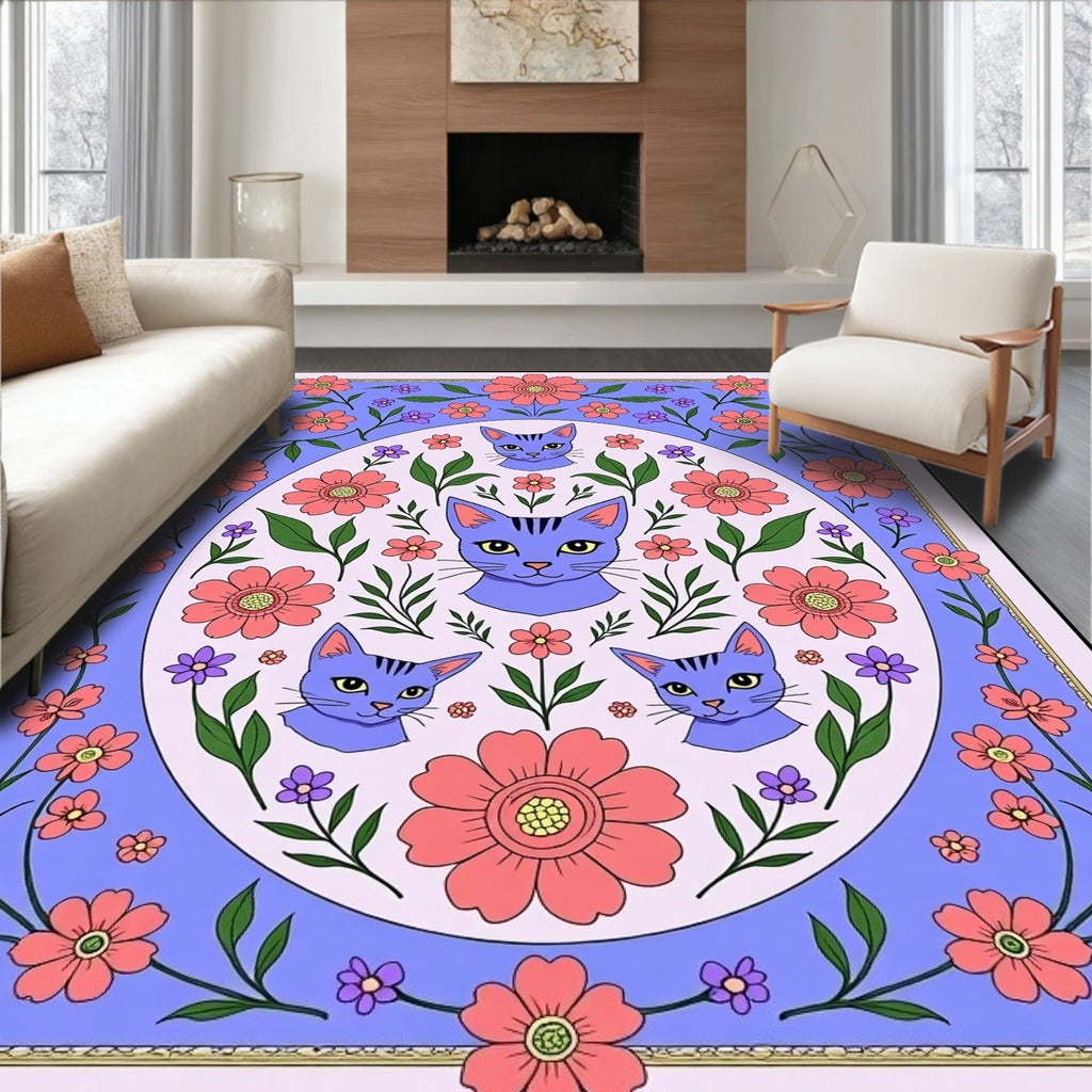 Whimsical Lavender Cat Floral Surround Rug