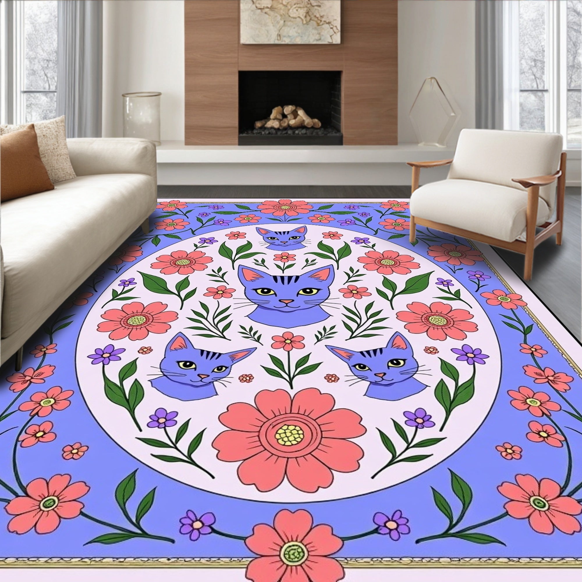 Whimsical Lavender Cat Floral Surround Rug