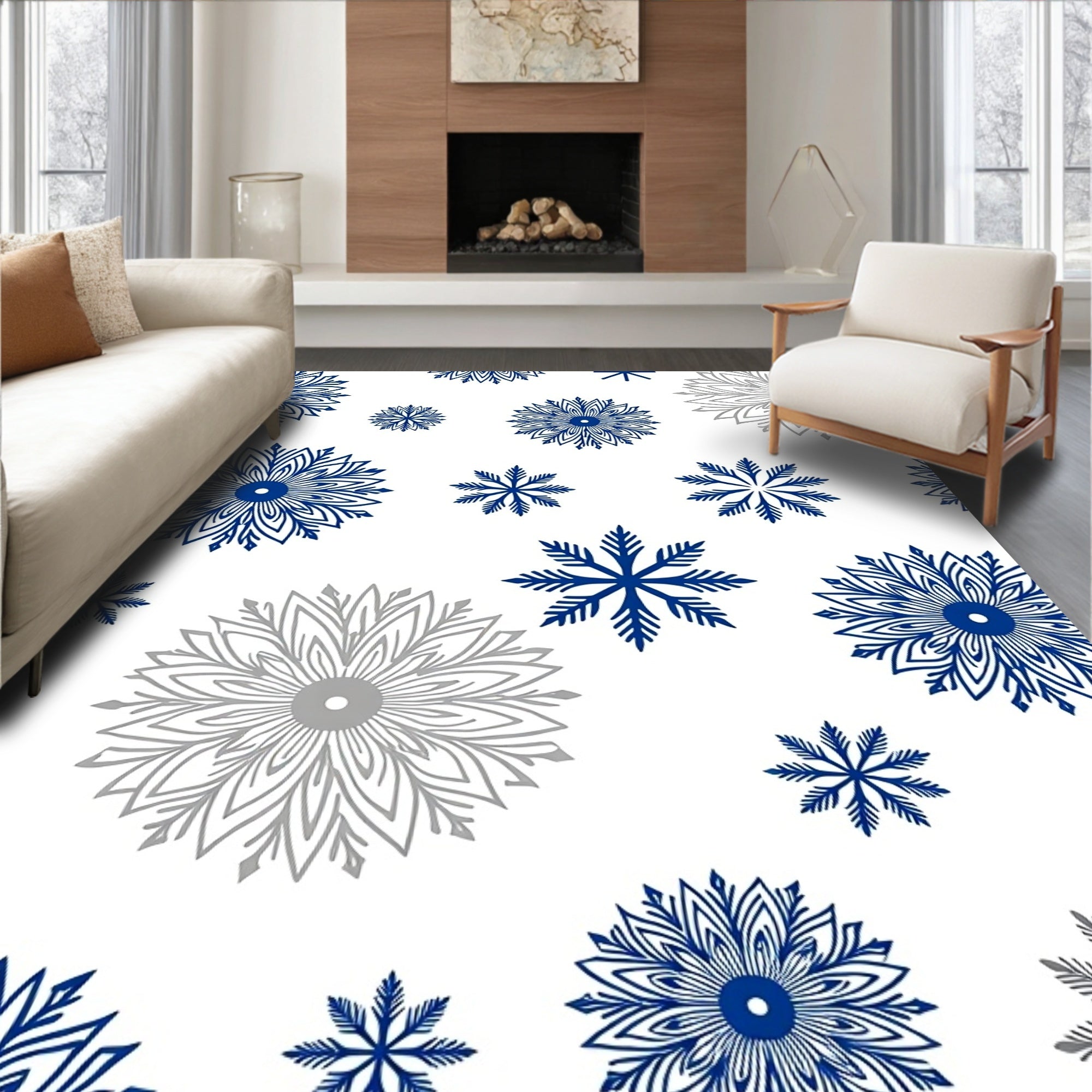 Ocean Blue Silver Snowflake Scatter Rug