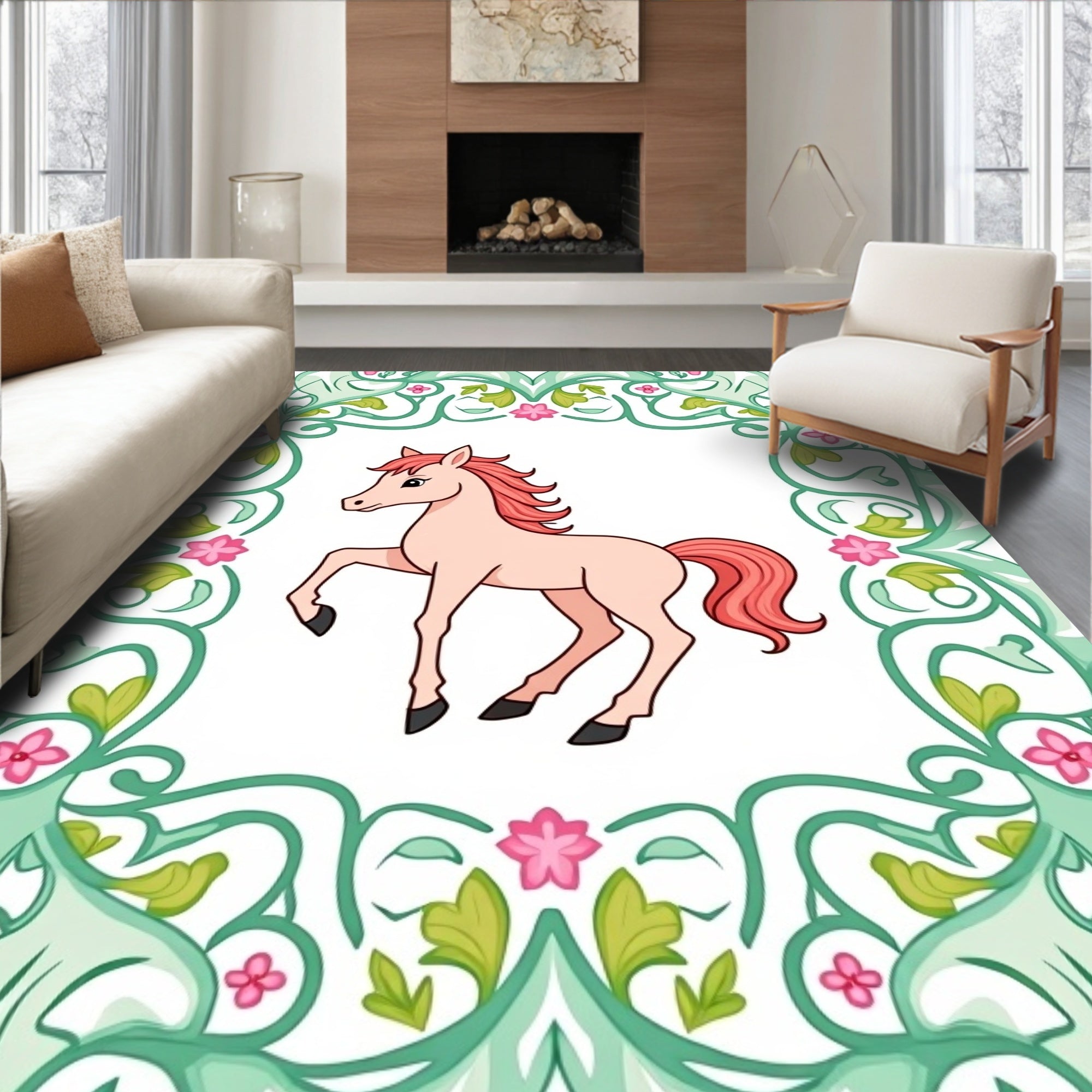 Pink Horse With Green Floral Border Rug