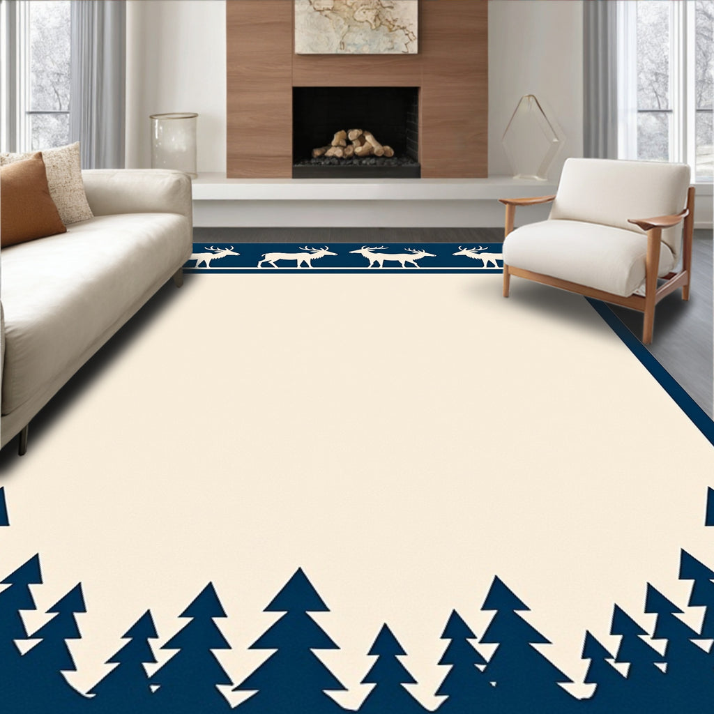 Navy Majestic Deer Pine Forest Rug