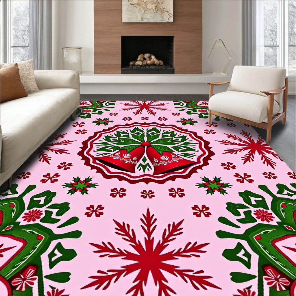 Festive Red Green Bell Snowflake Medallion Rug